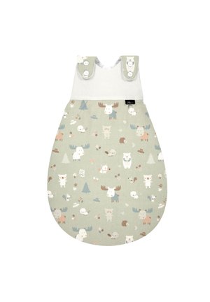 Grüner Baumwoll-Schlafsack mit Tiermustern, darunter Bären und Elche. Aus weichem Stoff gefertigt, runde Form und Druckknopfverschlüsse an den Schultern.