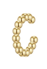 Anello color oro realizzato con perline tondeggianti, che presenta una superficie liscia e lucida e una forma curvata. Nessun ulteriore accessorio o caratteristica.