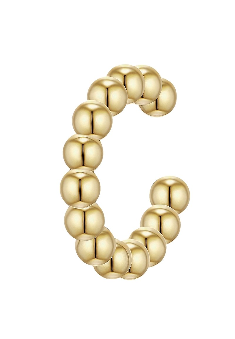 Anello color oro realizzato con perline tondeggianti, che presenta una superficie liscia e lucida e una forma curvata. Nessun ulteriore accessorio o caratteristica.