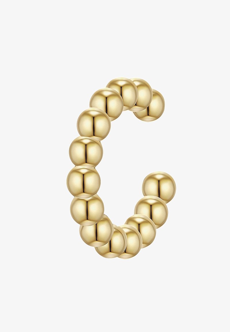 Anello color oro realizzato con perline tondeggianti, che presenta una superficie liscia e lucida e una forma curvata. Nessun ulteriore accessorio o caratteristica.