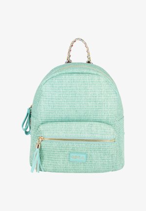 Rucsac mic țesut, bleu-verzui deschis, cu buzunar frontal cu fermoar, fermoar auriu, mâner cu ciucure și mâner superior împletit multicolor.