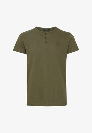 Olive green short-sleeve t-shirt with a rounded neckline, three-button placket, and small embroidered logo on the chest. Cotton material.