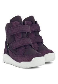 Stivaletti viola realizzati in morbido tessuto con due fasce in Velcro. Presentano una finitura testurizzata e una suola in gomma bianca.