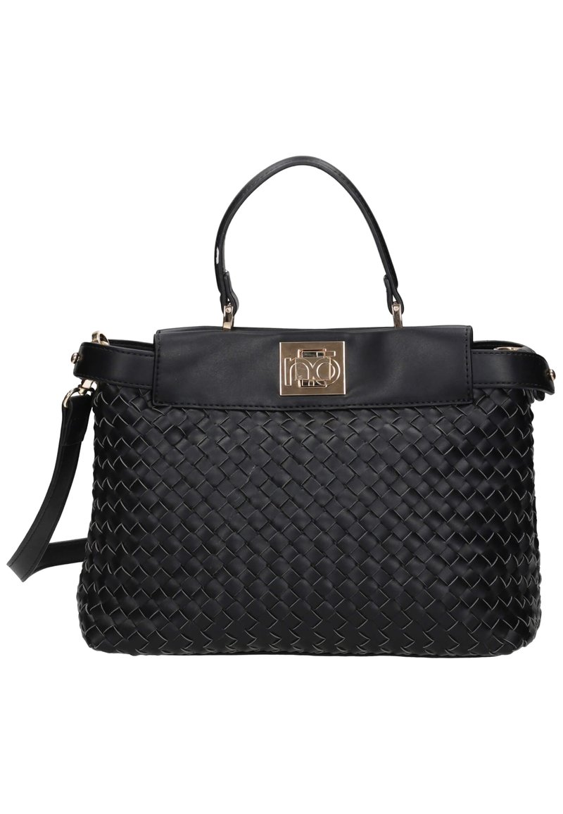Czarna torebka skórzana pleciona z krótkim uchwytem, odczepianym paskiem na ramię oraz prostokątnym zapięciem w złotym kolorze na górnej klapie.