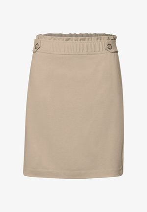 Gonna mini beige realizzata in tessuto morbido con una vita elastica arricciata e due bottoni argentati sulla parte anteriore.