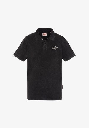 Czarna koszulka polo z krótkim rękawem, dwoma białymi guzikami, logo Schott NYC na lewej piersi i materiałową metką na lewym bocznym szwie.