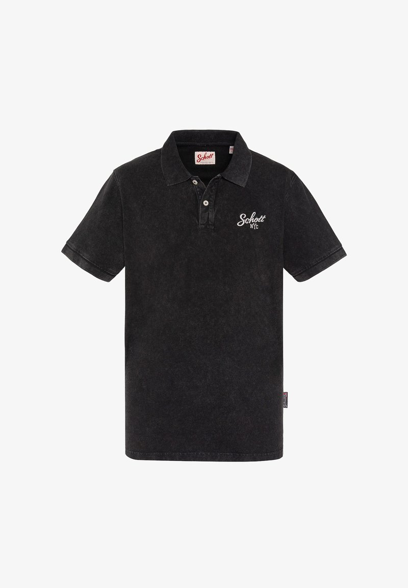 Polo noir à manches courtes avec deux boutons blancs, logo Schott NYC sur la poitrine gauche et une étiquette en tissu sur la couture latérale gauche.