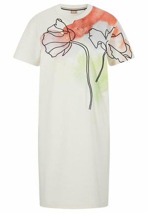 Robe blanche à manches courtes avec un motif floral abstrait en contour noir et des accents aquarelle rouges et verts sur le haut devant et la manche.