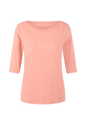 Light pink t-shirt made of soft fabric, featuring a wide neckline, three-quarter sleeves, and a subtle logo near the hem.