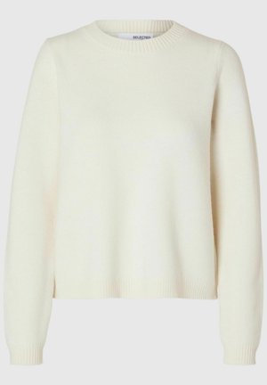 Cremefarbenes Sweatshirt aus weichem Strickstoff, mit runder Ausschnitt, gerippten Bündchen und Saum, in lockerer Passform und ohne Muster.