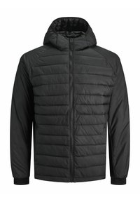 Black padded jacket with a zip front, hood, and elastic cuffs. Features a textured finish and horizontal stitched pattern. Lightweight design.