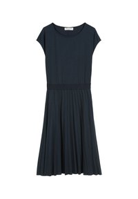 Abito blu scuro con scollatura tonda, maniche corte, vita aderente e gonna plissettata. Realizzato in tessuto morbido e leggero.