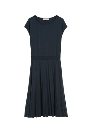 Donkerblauwe jurk met een ronde hals, korte mouwen, een aansluitende taille en een geplooide rok. Gemaakt van zachte, lichtgewicht stof.