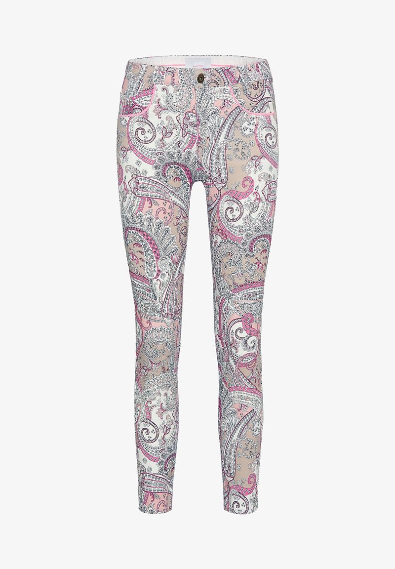 Dunne broeken in een bloemrijk paisleypatroon met roze en grijs tinten, verfraaid met ingewikkelde zwarte details en een knoopsluiting aan de voorkant.