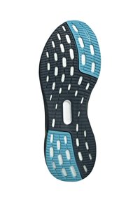 Semelle de chaussure avec une base en caoutchouc noir, des accents bleus et une surface à motifs avec des zones blanches texturées pour une meilleure traction.