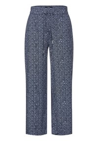 Navy blue pants with a leaf pattern, made of lightweight material. Features an elastic waistband and drawstring for adjustable fit.