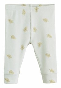 Helle grüne, gerippte Leggings mit weicher Textur, verziert mit kleinen goldenen Blättern und gesäumten Säumen. Entwickelt für einen bequemen Tragekomfort.