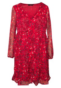 Rotes Blumenmaxikleid mit langen, transparenten Ärmeln, V-Ausschnitt und gerafftem Bund. Es zeigt eine Mischung aus kleinen Blumen in Pink und Blau auf einem strukturierten Stoff.