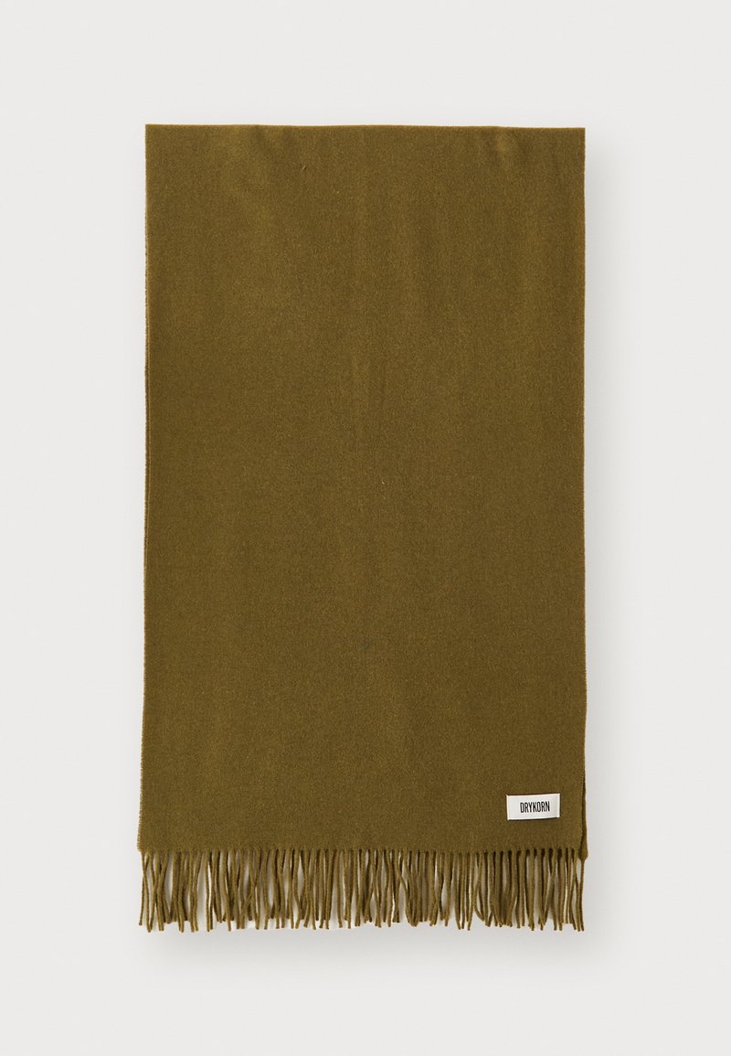 Olive green scarf made of soft fabric with fringe edges; features a white label on one side. Smooth texture. Rectangular shape.