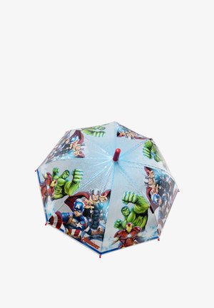 Blue umbrella featuring Marvel Avengers characters, including Hulk and Iron Man, with a clear design and red handle accents.