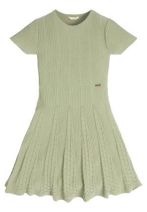 Sukienka dzianinowa prążkowana w jasnozielonym kolorze, z dopasowanym górnym pasem, rozszerzaną spódnicą oraz teksturą z plecionym wzorem i ozdobnym złotym akcentem.