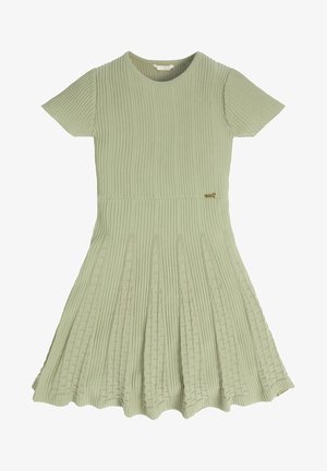 Robe en maille côtelée vert clair, dotée d'un corsage ajusté, d'une jupe évasée et d'une texture tissée avec un accent décoratif en métal doré.