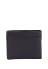 Zwarte leren portemonnee met een gladde textuur, voorzien van meerdere kaartvakjes en een minimalistisch ontwerp. Compakte rechthoekige vorm.