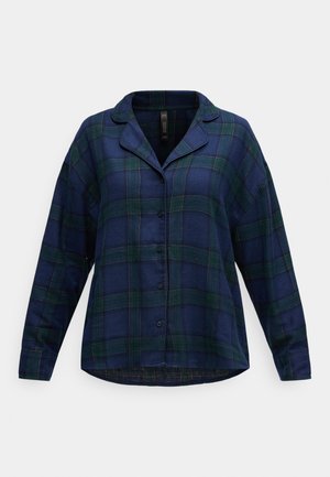 Navy and green plaid button-up shirt with a collar, long sleeves, and a relaxed fit. Features subtle orange accents in the pattern.