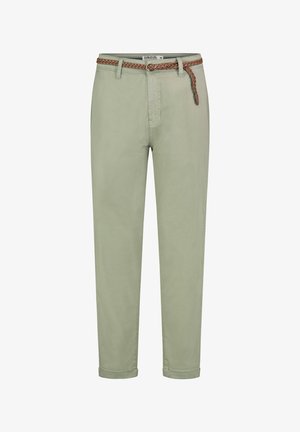 Light green cotton pants with a braided brown belt, straight cut, rolled cuffs, and front pockets. Features a button closure and subtle stitching.
