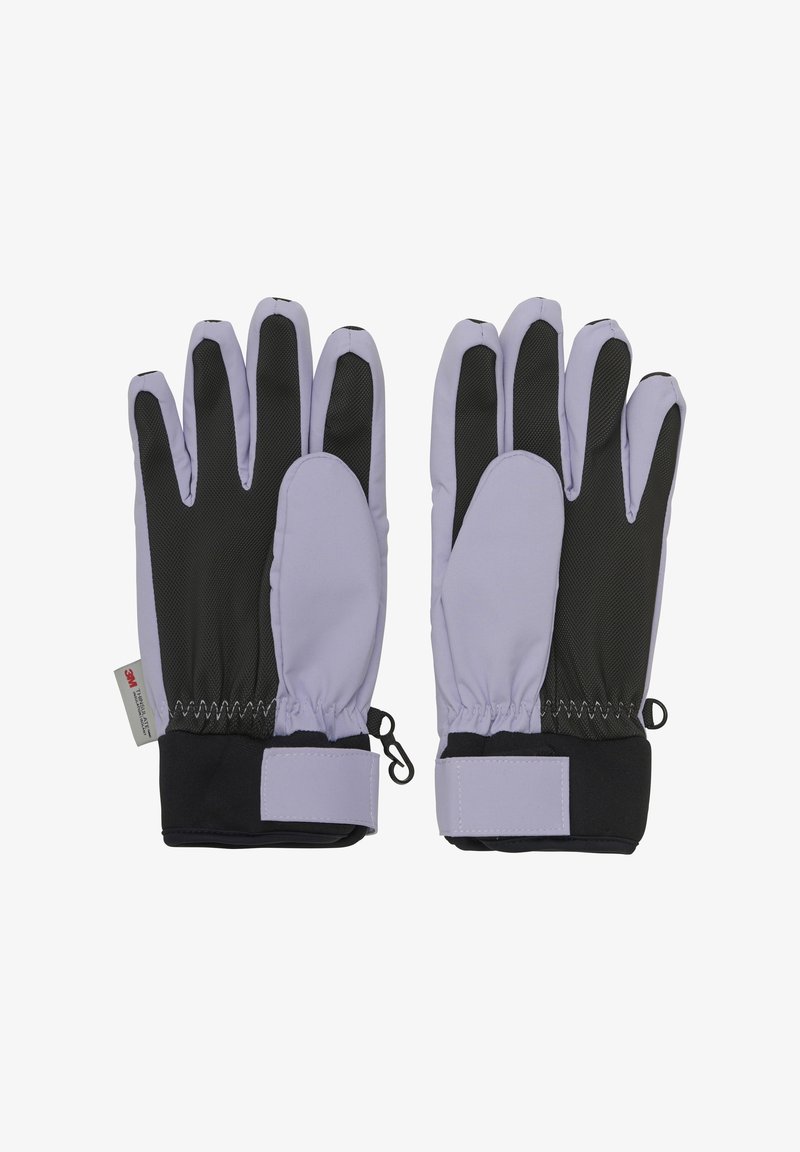 Gants violets et noirs avec un extérieur texturé, un poignet élastique et une sangle réglable pour un ajustement sécurisé. Convient pour une utilisation par temps froid.