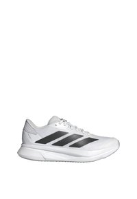 Weißer Sportschuh mit einer strukturierten Mesh-Oberfläche, drei schwarzen Streifen, einer leichten Sohle und einem gepolsterten Kragen für Komfort.