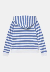 Randig hoodie i ljusblått och vitt, med dragsko i huvan, långa ärmar och ribbade mudd, tillverkad av mjukt material.