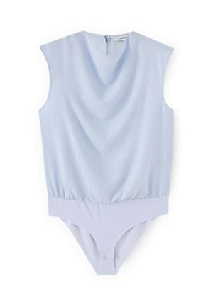 Jasnoniebieski bezrękawnik z kopertowym dekoltem, teksturowaną tkaniną i zatrzaskiem w kroku.