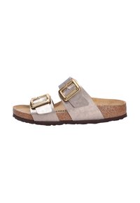 Slide slippers in metallic beige met twee verstelbare banden met gouden gespen, een kurken voetbed en een donkerbruine rubberen buitenzool.