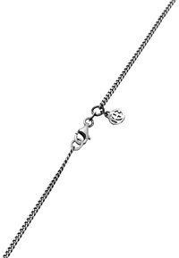 Silver chain necklace featuring a twisted design, a lobster clasp closure, and a small pendant with a circular emblem.
