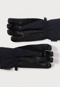 Luvas pretas à prova d'água, com uma mistura de materiais de couro e têxteis, apresentando punhos ajustáveis e um design durável.