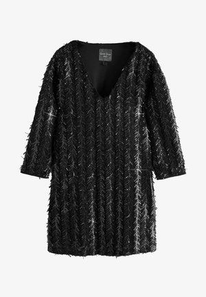 Must musta sügava V-kaelusega, 3/4-sleeve'd, kaetud sädelevate paeltega, mis on paigutatud siksakiliste mustritega, omades tekstuurset, tupsutatud lõpetust.