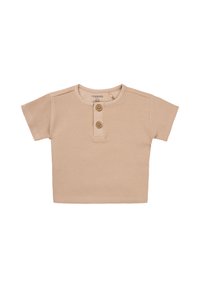Beige, kurzärmliges, geripptes Baumwollshirt mit Rundhalsausschnitt und zwei Holzknöpfen an der Front, versehen mit einem strukturierten Muster.