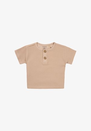 Korte mouwen, beige geribde katoenen shirt met een ronde hals en twee houten knopen aan de voorkant, met een gestreept patroon.