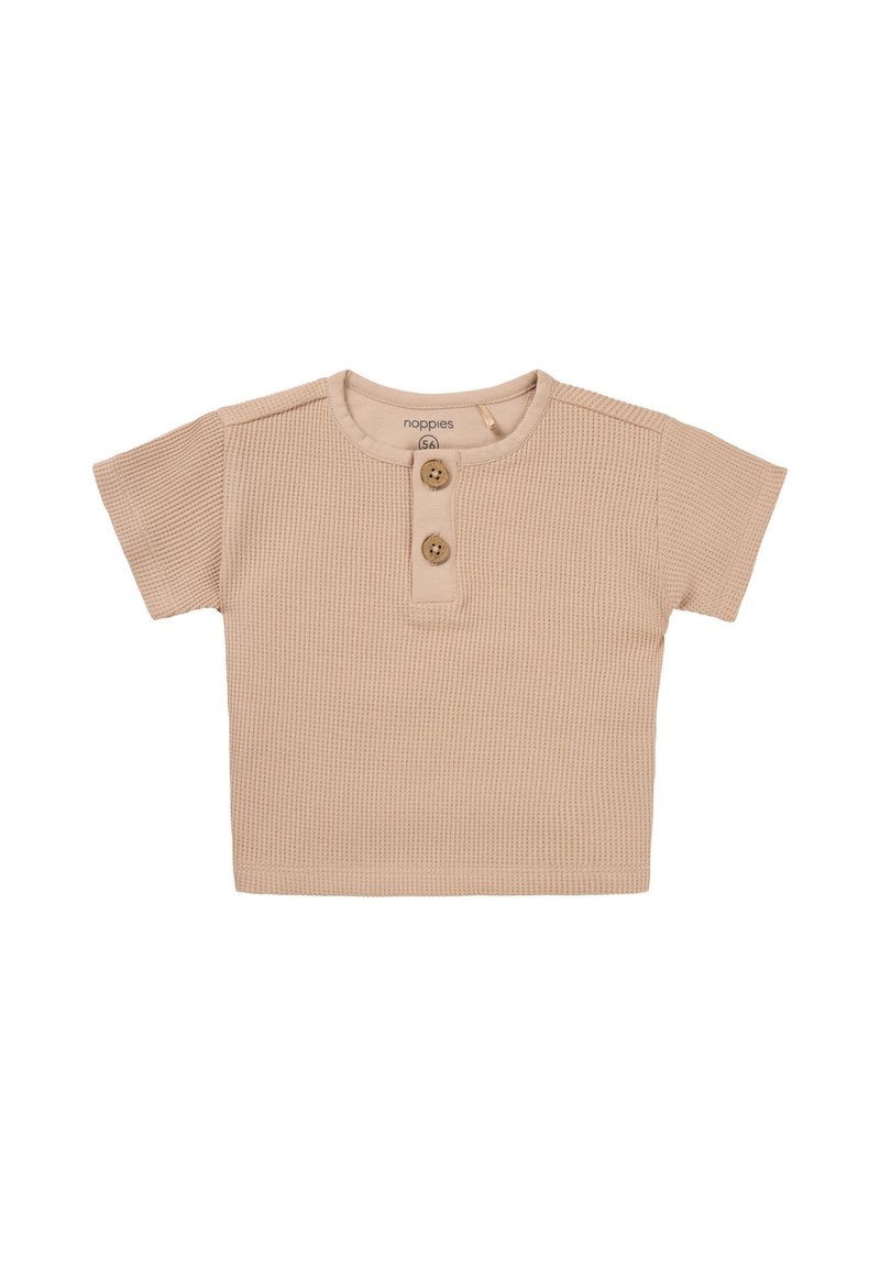 Beige, kurzärmliges, geripptes Baumwollshirt mit Rundhalsausschnitt und zwei Holzknöpfen an der Front, versehen mit einem strukturierten Muster.