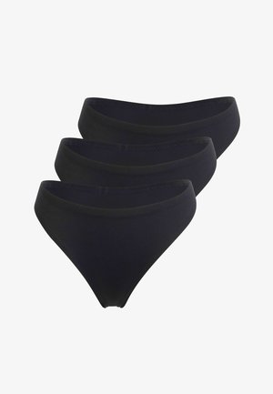 Bikini neri, set di tre pezzi, caratterizzati da una texture liscia, un design a vita bassa e cuciture minime lungo i bordi.
