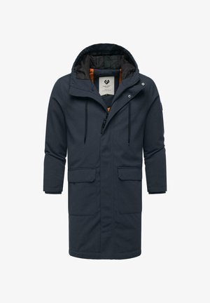 Granatowa parka z kapturem, z pomarańczowym podszewką, dwoma przednimi kieszeniami oraz zamkiem błyskawicznym z zatrzaskami z przodu.