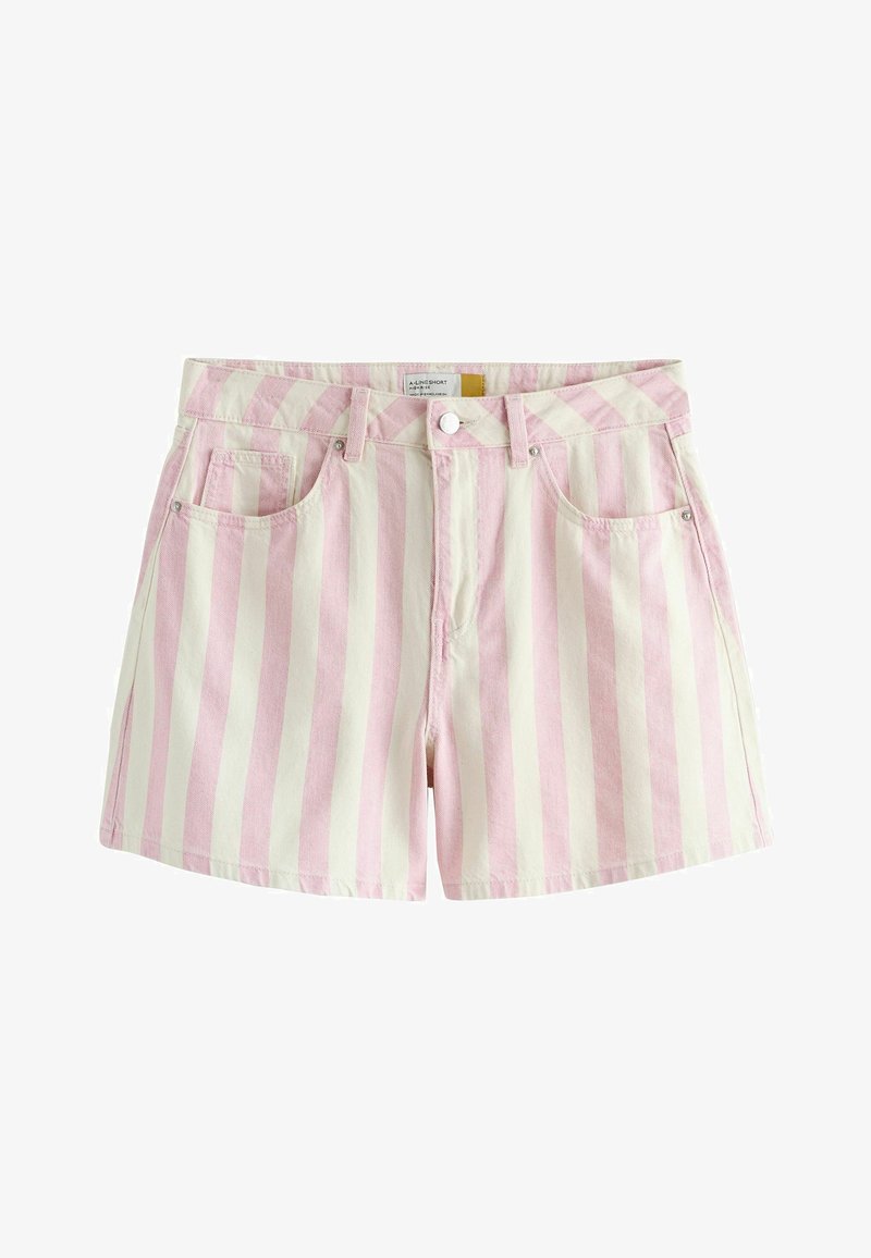 Shorts en coton taille haute avec des rayures verticales roses et blanches, bouton et fermeture éclair devant, et deux poches avant avec rivets.