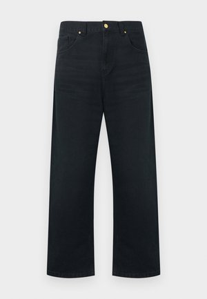 Black wide-leg trousers made of denim, featuring a five-pocket design, gold hardware, and a clean finish on the waistband and hem.