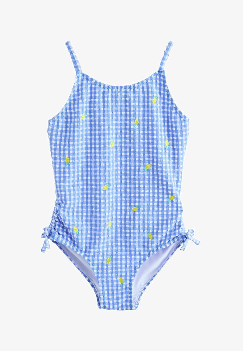 Blau-weiß kariertes Einteiler-Badeanzug mit dünnen Trägern, seitlichen Schnürungen und kleinen gelben Zitronenmotiven, die über den Stoff verteilt sind.