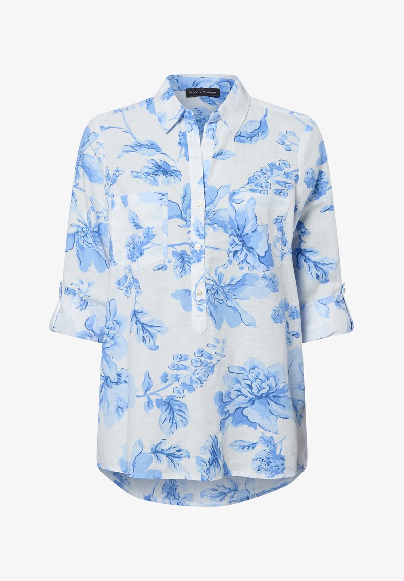 Lichtgewicht button-up overhemd in het wit met blauwe bloemprint. Kenmerkt zich door een kraag, borstzak en oprolbare mouwen. Afgeronde zoom.