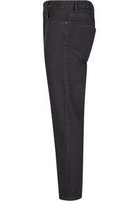 Pantalones de mezclilla negros con un corte de pierna recta. Presenta un diseño de cinco bolsillos y presillas para cinturón. Textura suave con mínimos detalles de costura.