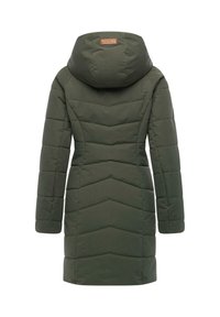 Olive green quilted puffer coat with a hood, featuring a chevron pattern, long sleeves, and a branded leather patch on the back.