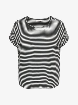 Schwarz-weiß gestreiftes Kurzarmoberteil mit rundem Ausschnitt und lockerer Passform. Die Streifen sind gleichmäßig breit und verleihen ein klassisches Design.