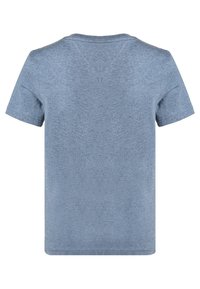 Niebieska koszulka z krótkim rękawem, wykonana z miękkiego materiału. Posiada klasyczny okrągły dekolt oraz gładką fakturę z minimalnymi detalami szwów.